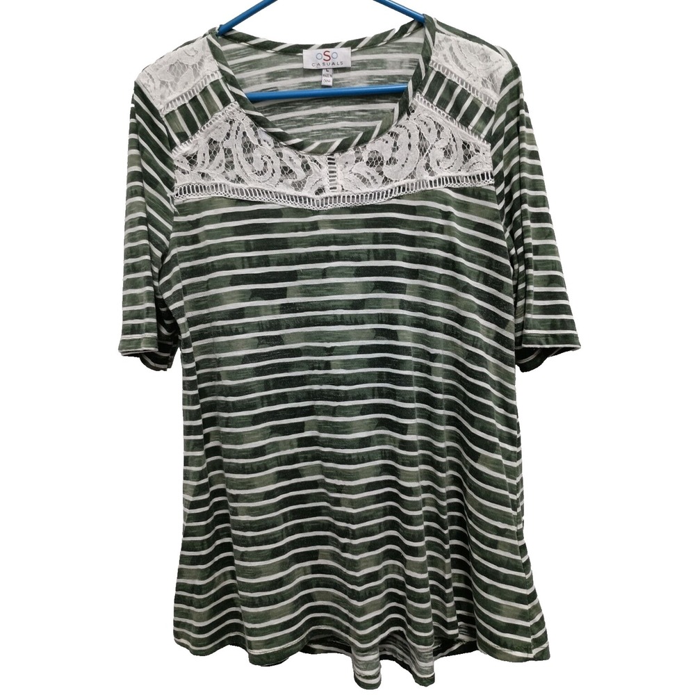OSO Casual BOHO Tunic Top Womens Large Green‎ White Striped Lace Short Sleeve